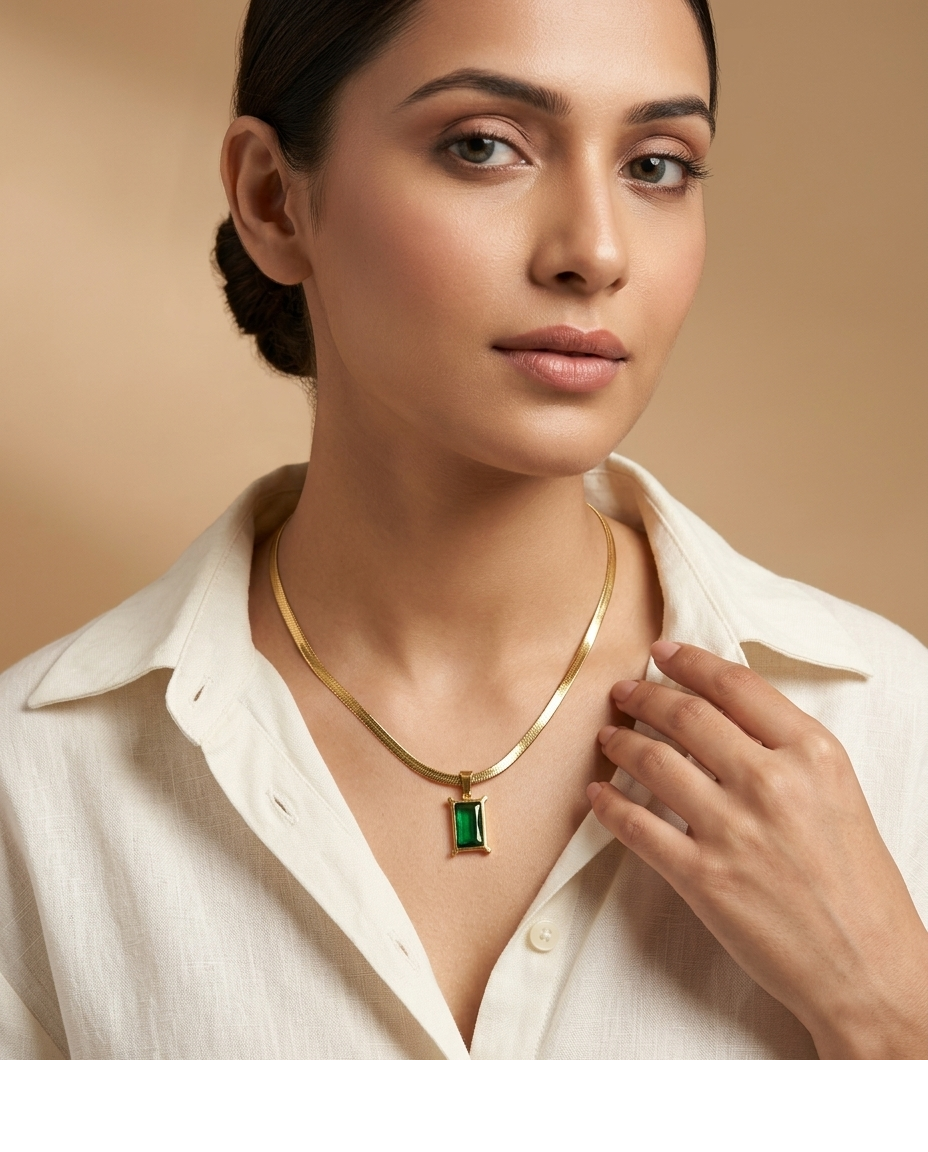 Emerald Cut Green Crystal Gold Pendant Necklace for Women