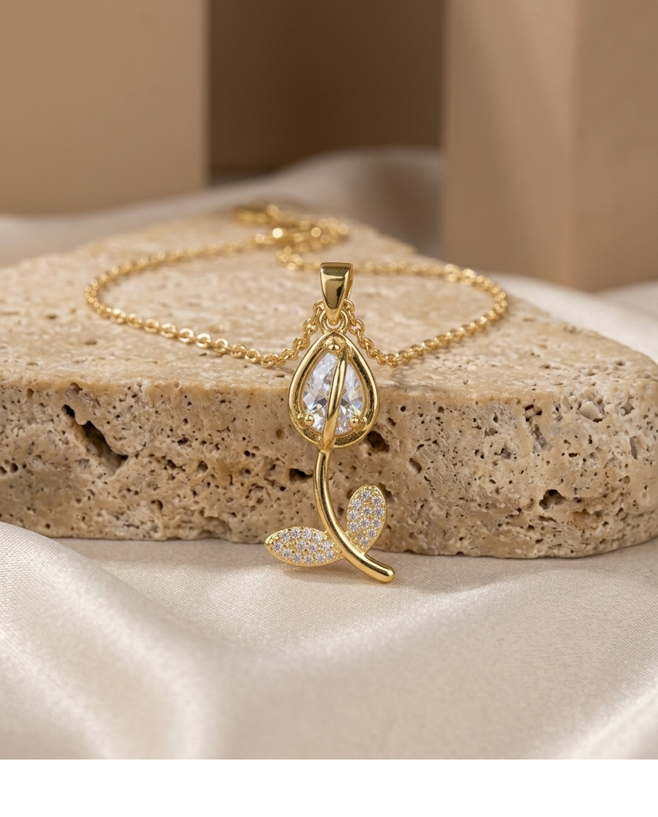 Elegant Marquise Crystal Floral Gold Pendant Necklace for Women