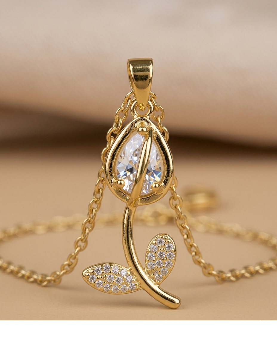 Elegant Marquise Crystal Floral Gold Pendant Necklace for Women