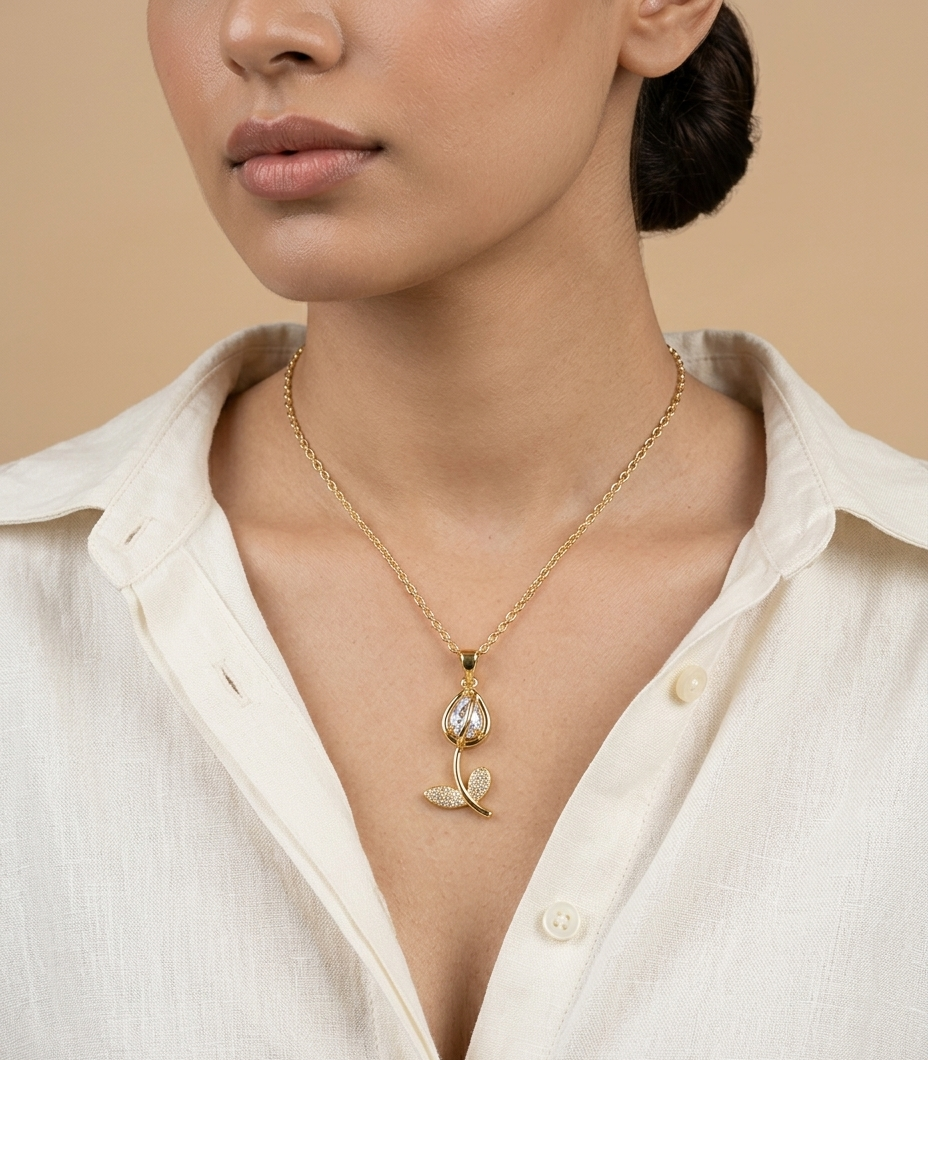 Elegant Marquise Crystal Floral Gold Pendant Necklace for Women