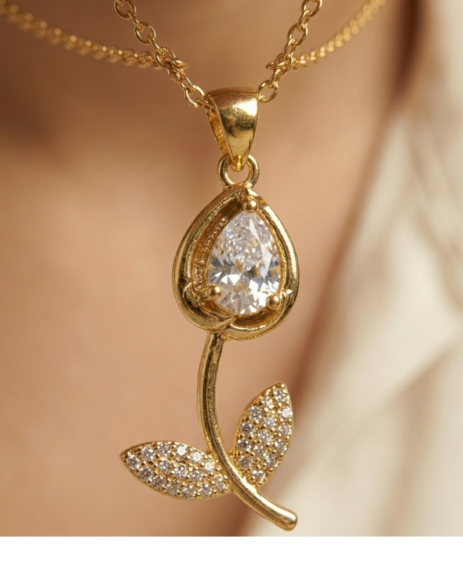 Elegant Marquise Crystal Floral Gold Pendant Necklace for Women