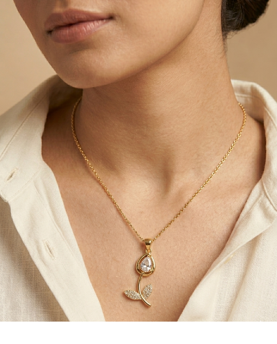 Elegant Marquise Crystal Floral Gold Pendant Necklace for Women