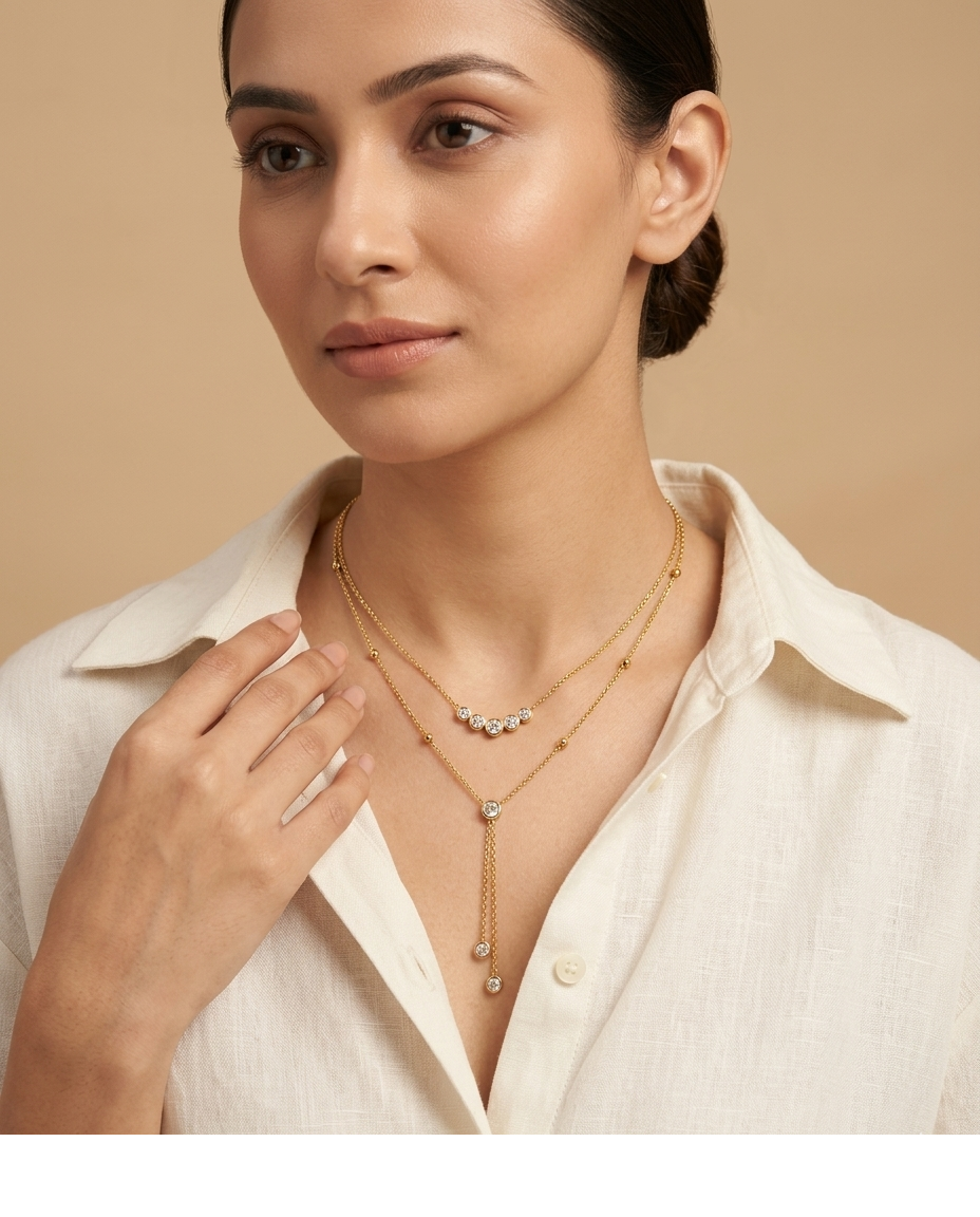 Layered Diamond Drop Gold Necklace for Women