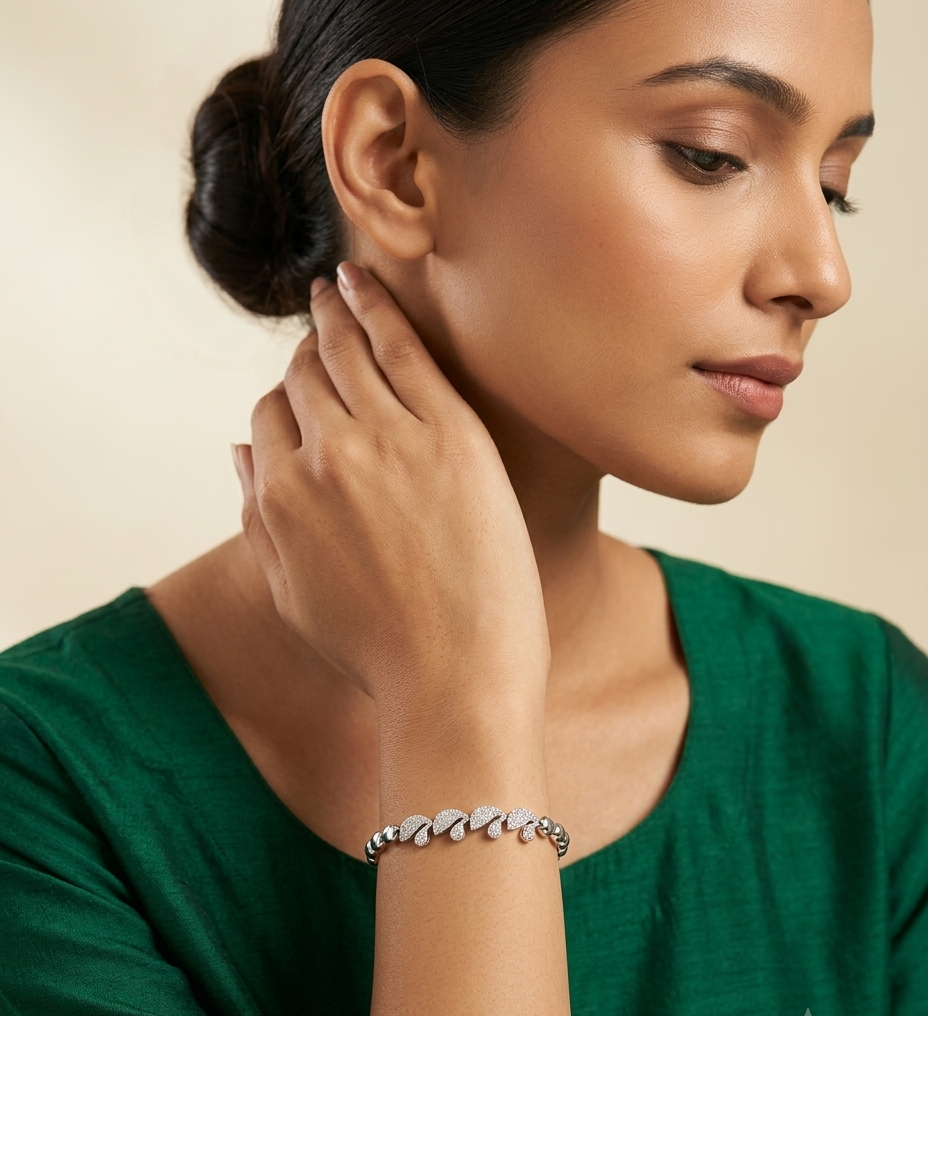 Silver-Tone Beaded Bracelet with Crystal Leaf Design for Women
