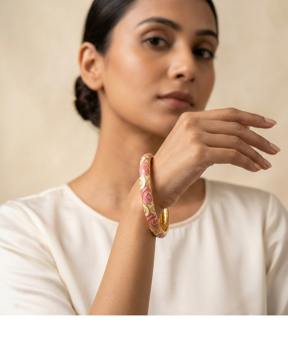 Gold-Tone Pink Enamel Floral Designer Bangle for Women