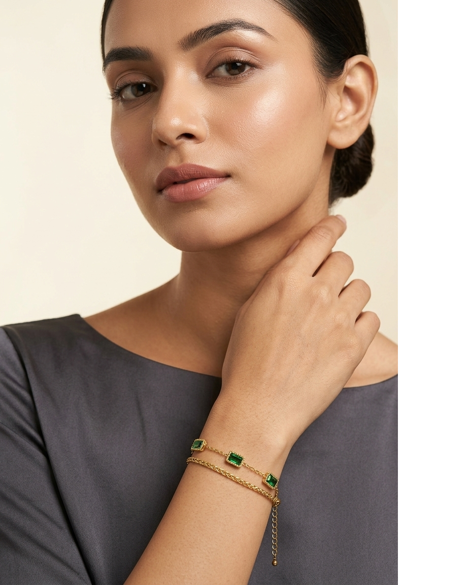 Emerald Green Rectangular Stone Gold Bracelet for Women