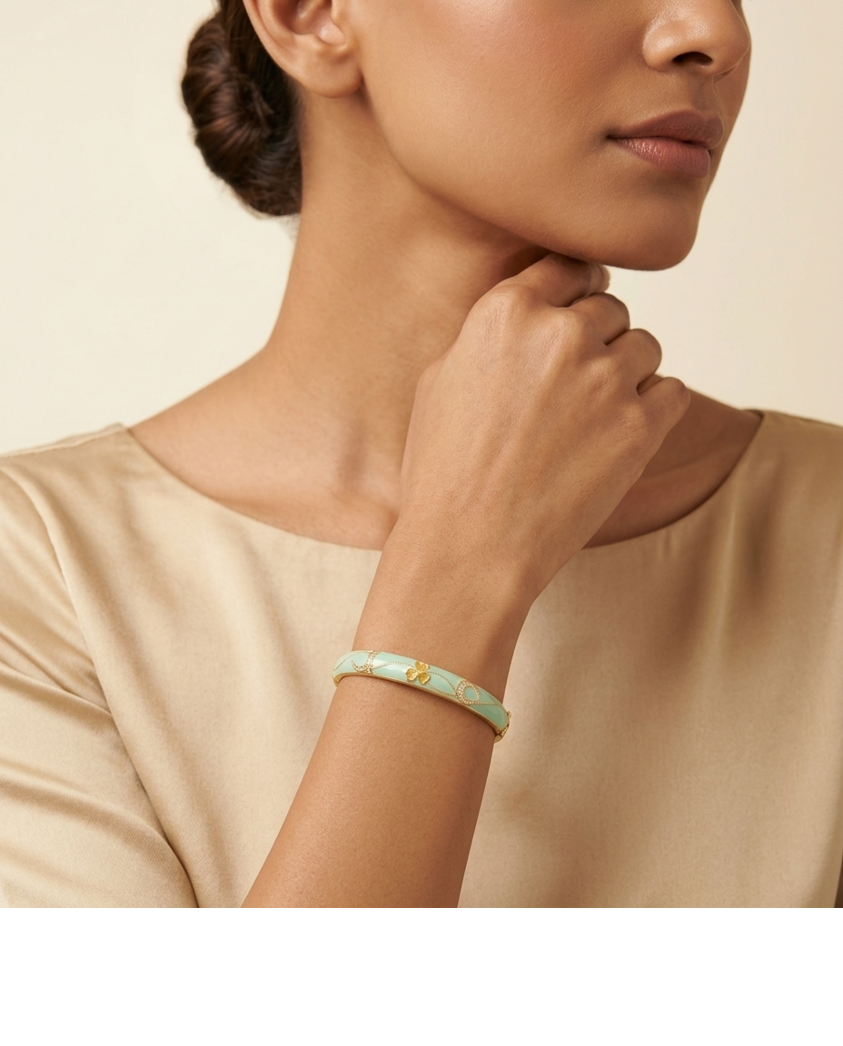 Gold-Tone Turquoise Enamel Floral Designer Bangle for Women