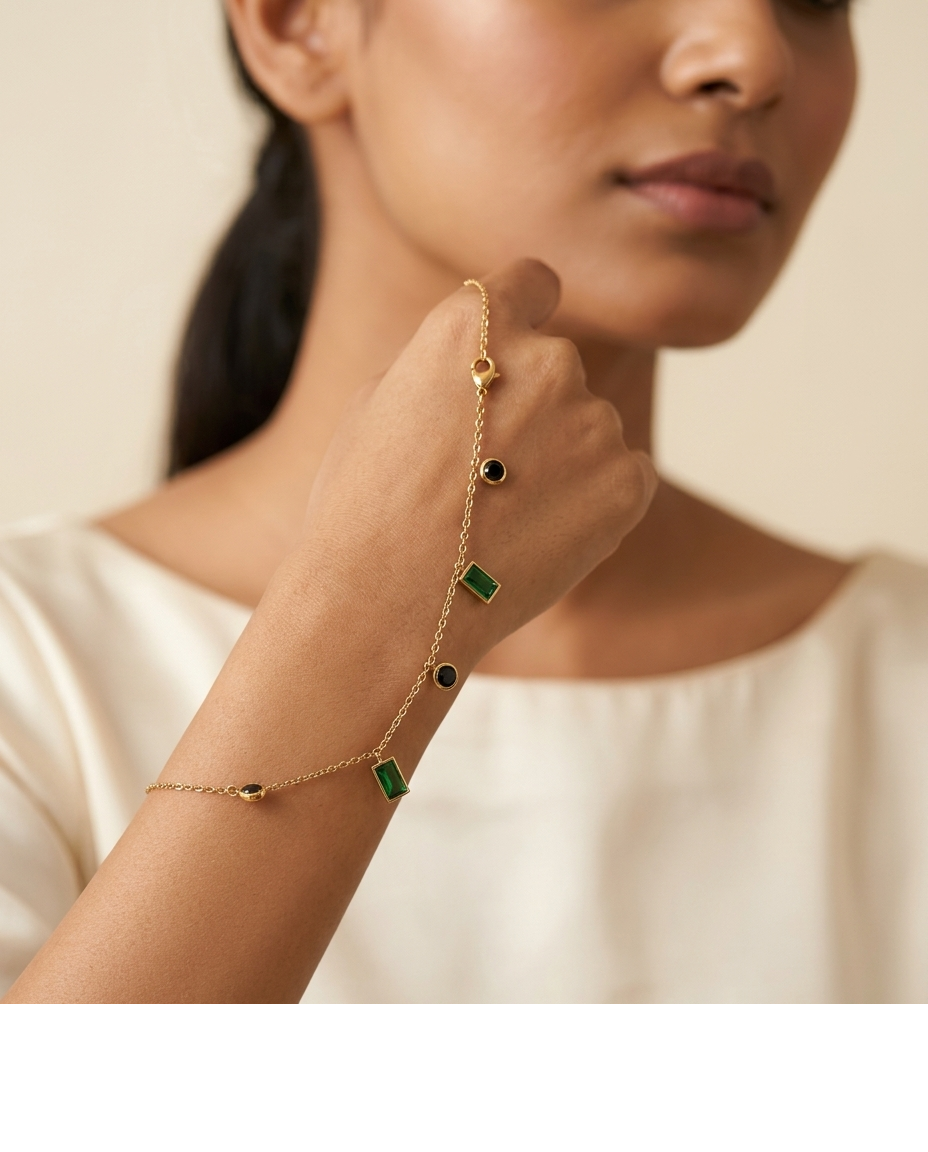 Gold-Tone Green & Black Stone Charm Bracelet for Women