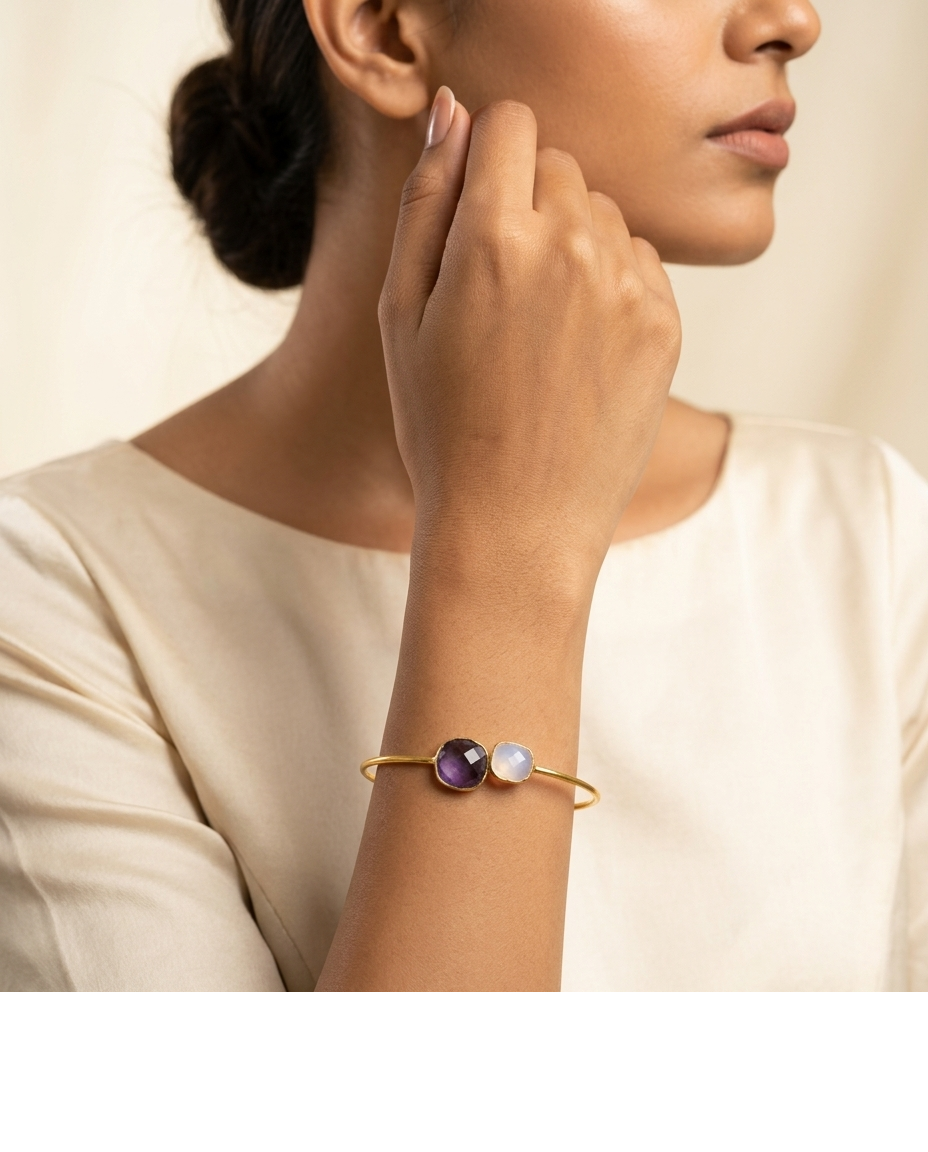 Purple & Pink Stone Gold Open Cuff Bangle for Women