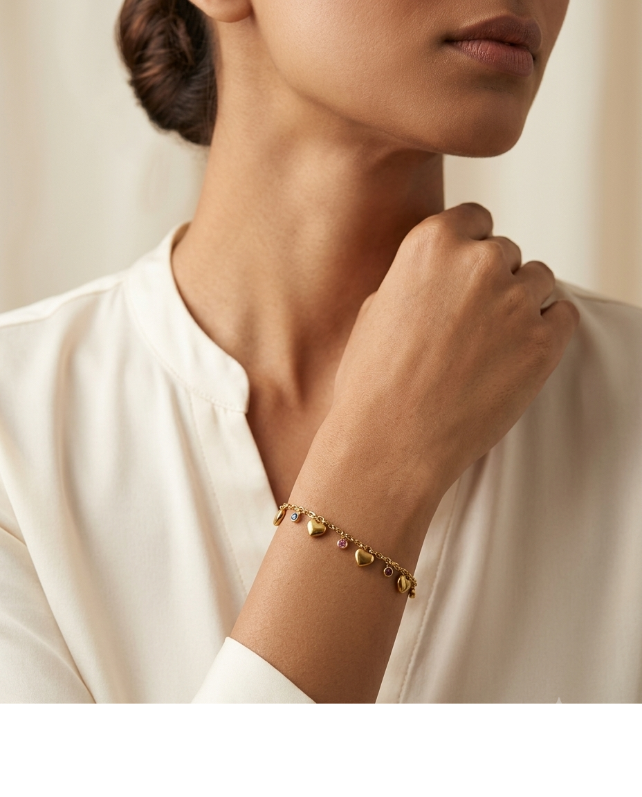 Gold Heart Charm Crystal Bracelet