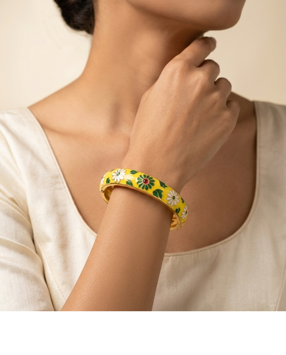 Gold-Tone Yellow Floral Enamel Designer Bangle for Women