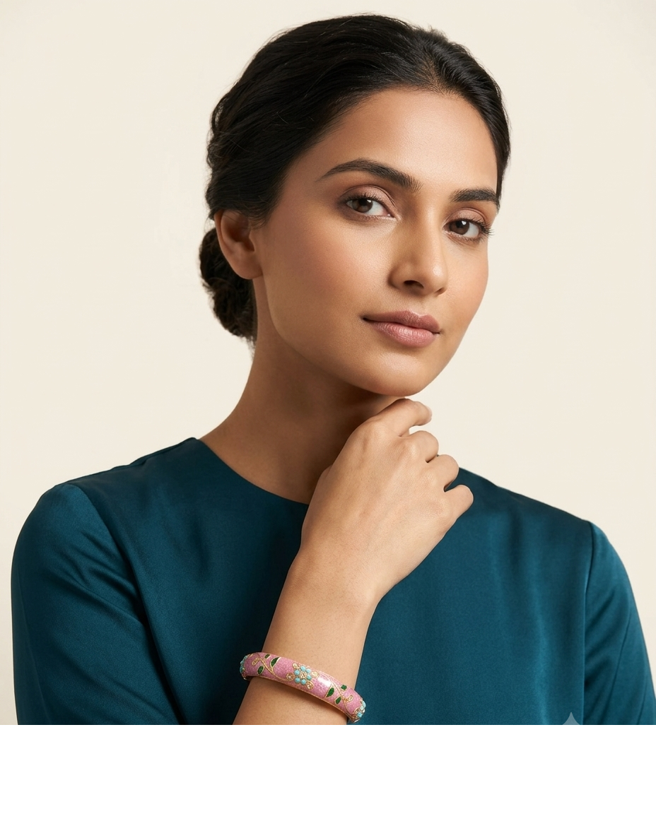 Gold-Tone Pink Floral Enamel Designer Bangle for Women