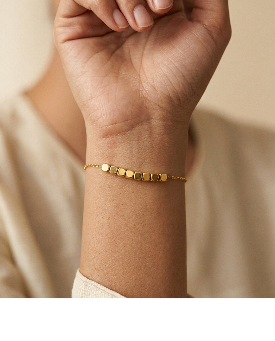 Gold Beaded Cube Charm Chain Bracelet for Women