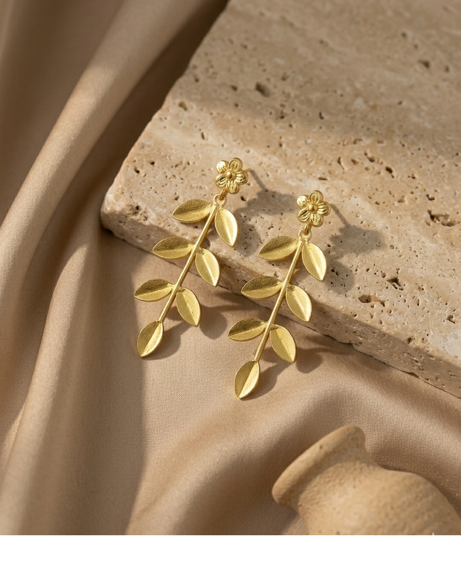 Gold Floral Leaf Branch Drop Earrings for Women