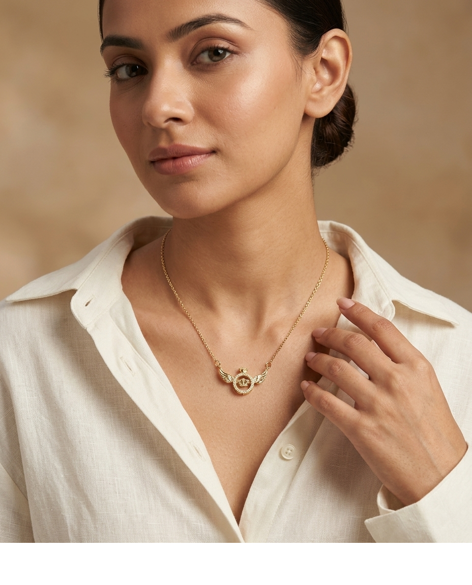 Golden Crown Wing Crystal Pendant Necklace for Women