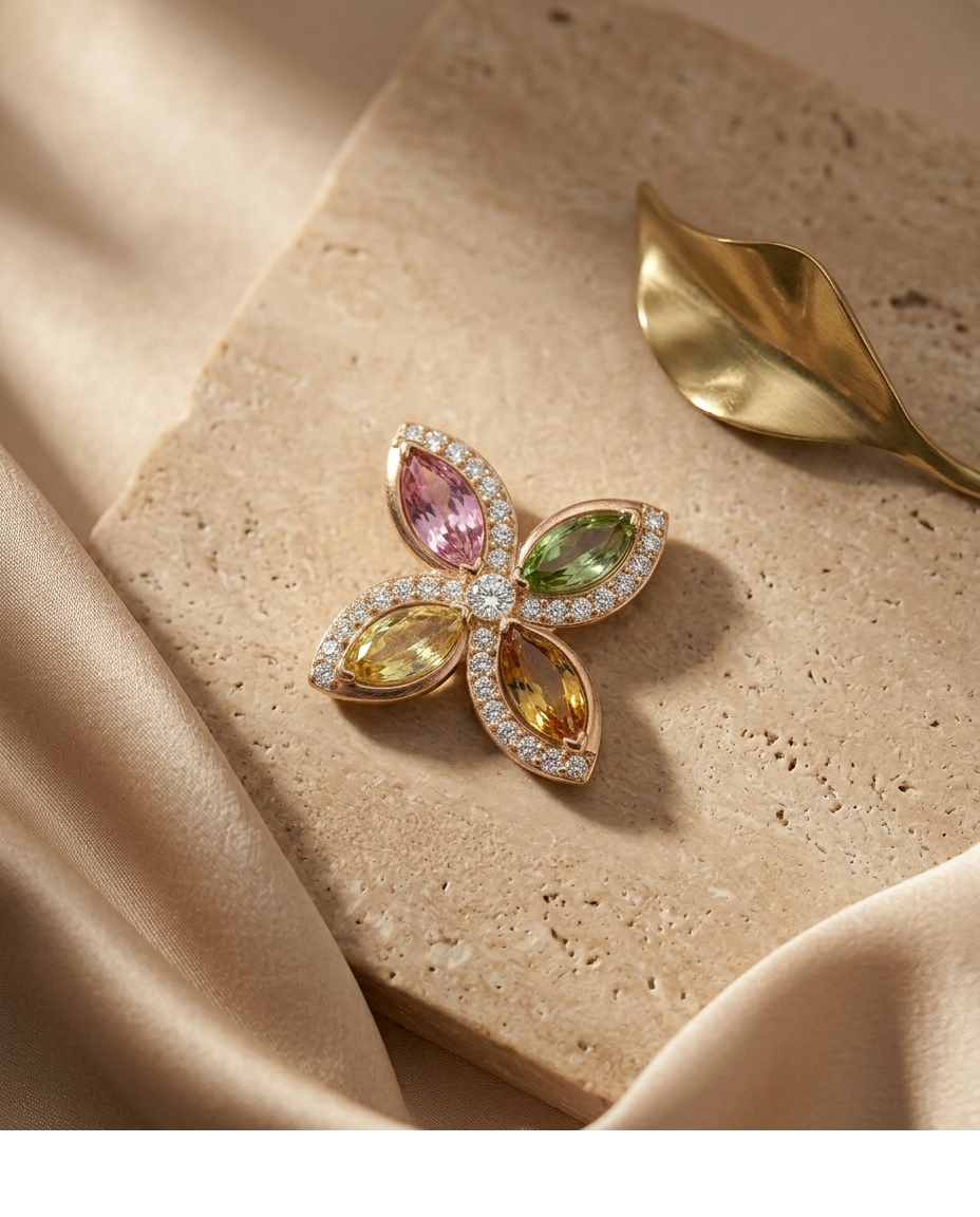 Multicolor Gemstone Floral Gold Brooch with Crystal Detailing for Women