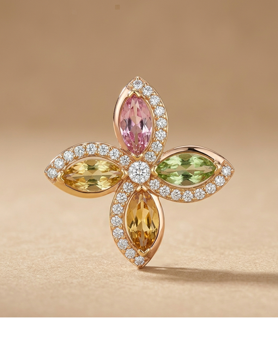 Multicolor Gemstone Floral Gold Brooch with Crystal Detailing for Women