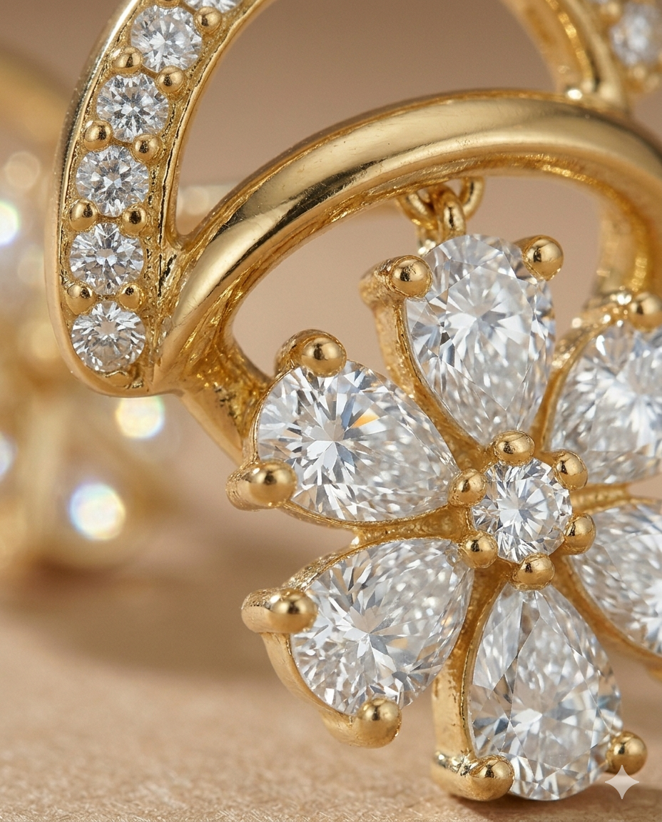 Crystal Flower Drop Earrings with Gold Pavé Hoop for Women