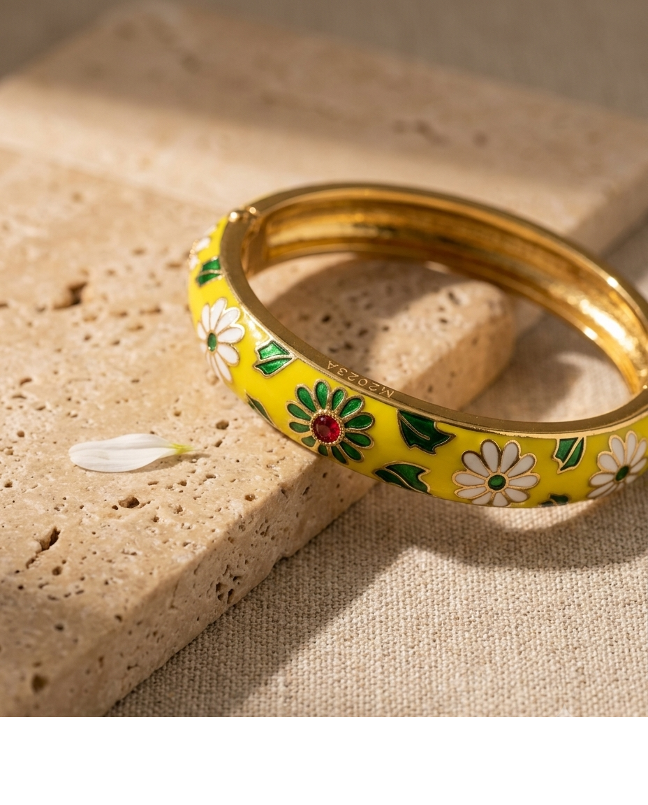 Gold-Tone Yellow Floral Enamel Designer Bangle for Women