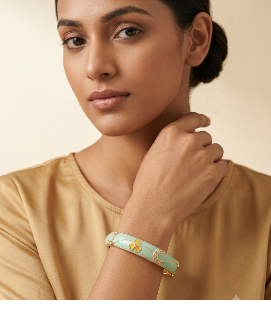 Gold-Tone Turquoise Enamel Floral Designer Bangle for Women