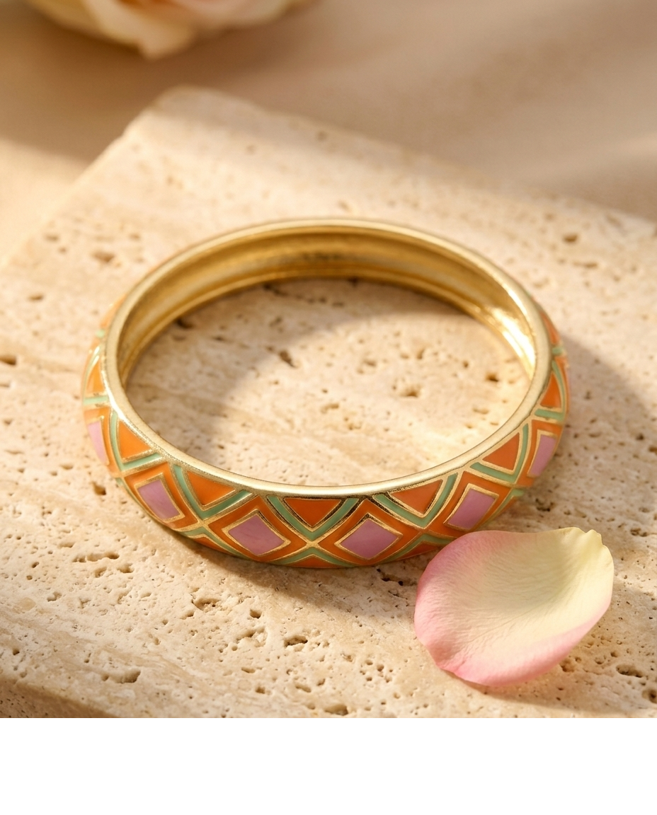 Green & Orange Geometric Enamel Gold-Tone Bangle for Women