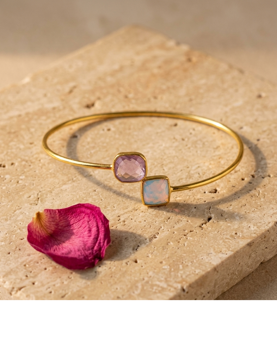 Pastel Pink & Blue Stone Gold Open Cuff Bangle for Women