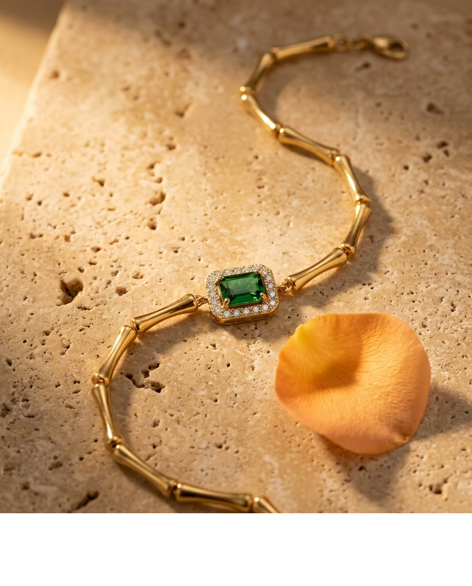 Green Stone Halo Gold Bracelet