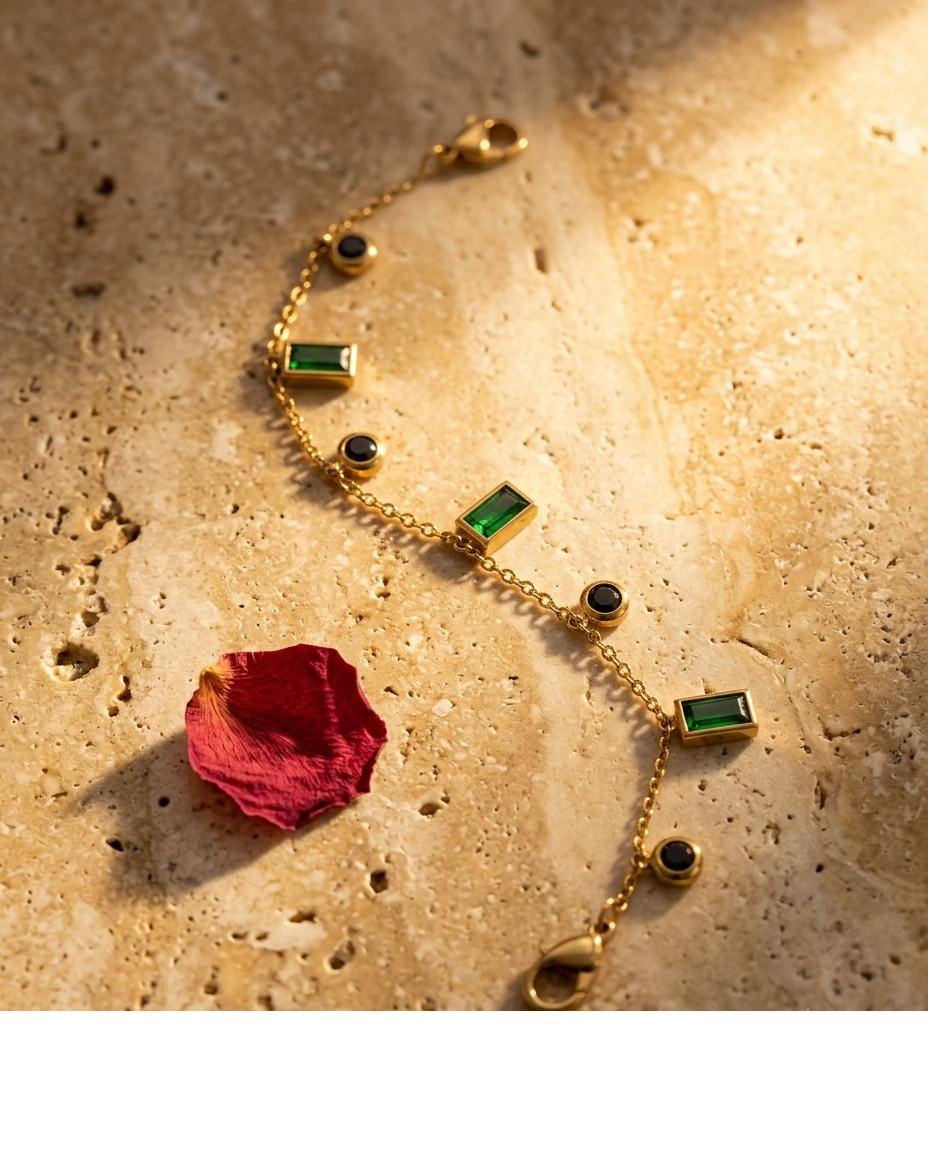 Gold-Tone Green & Black Stone Charm Bracelet for Women