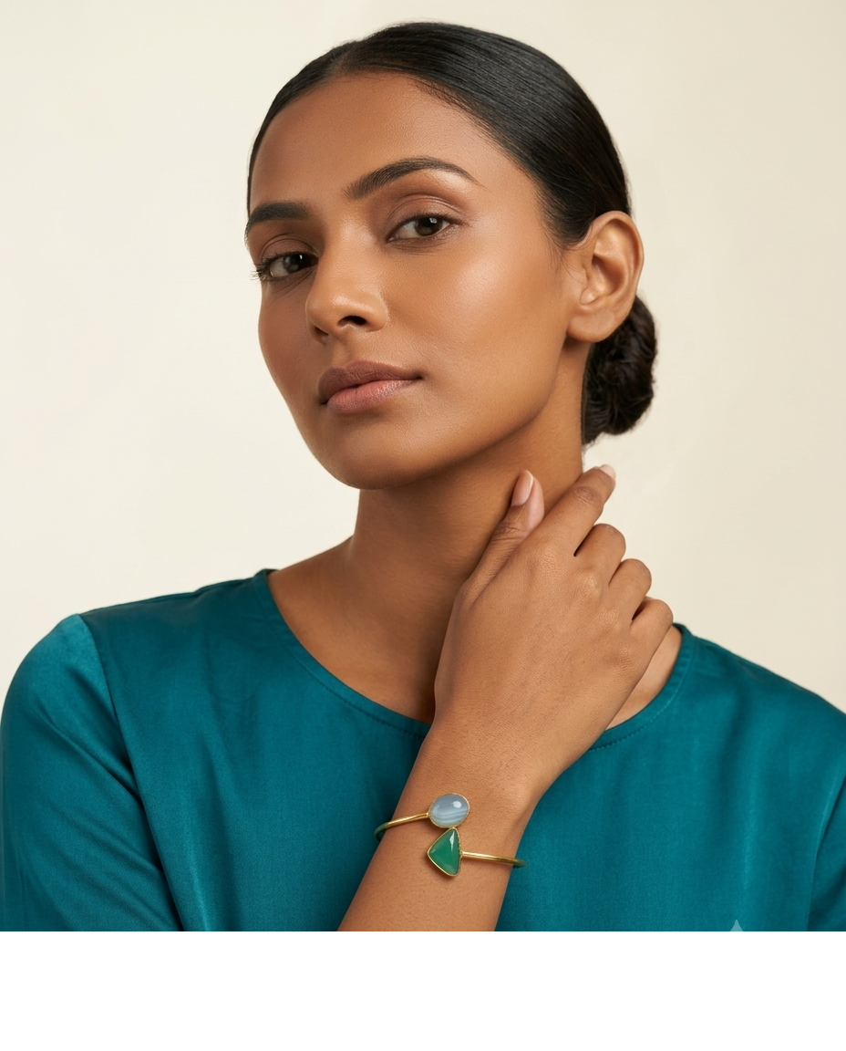 Blue & Green Gemstone Open Cuff Bangle for Women