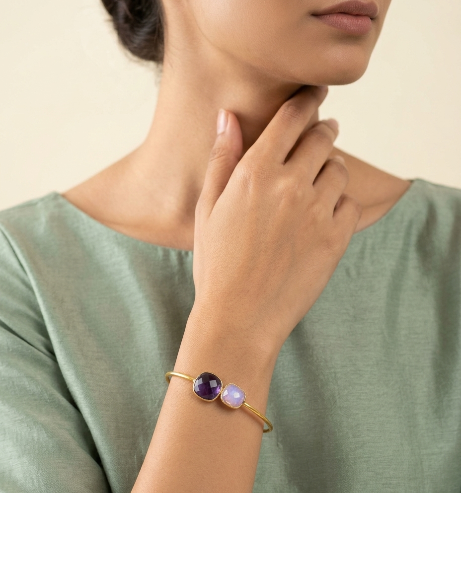 Purple & Pink Stone Gold Open Cuff Bangle for Women