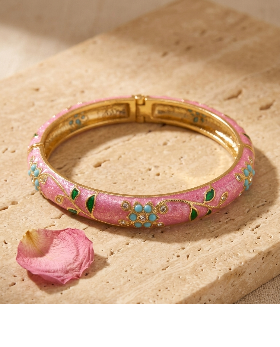 Gold-Tone Pink Floral Enamel Designer Bangle for Women