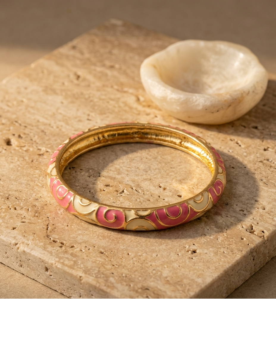 Gold-Tone Pink Enamel Floral Designer Bangle for Women