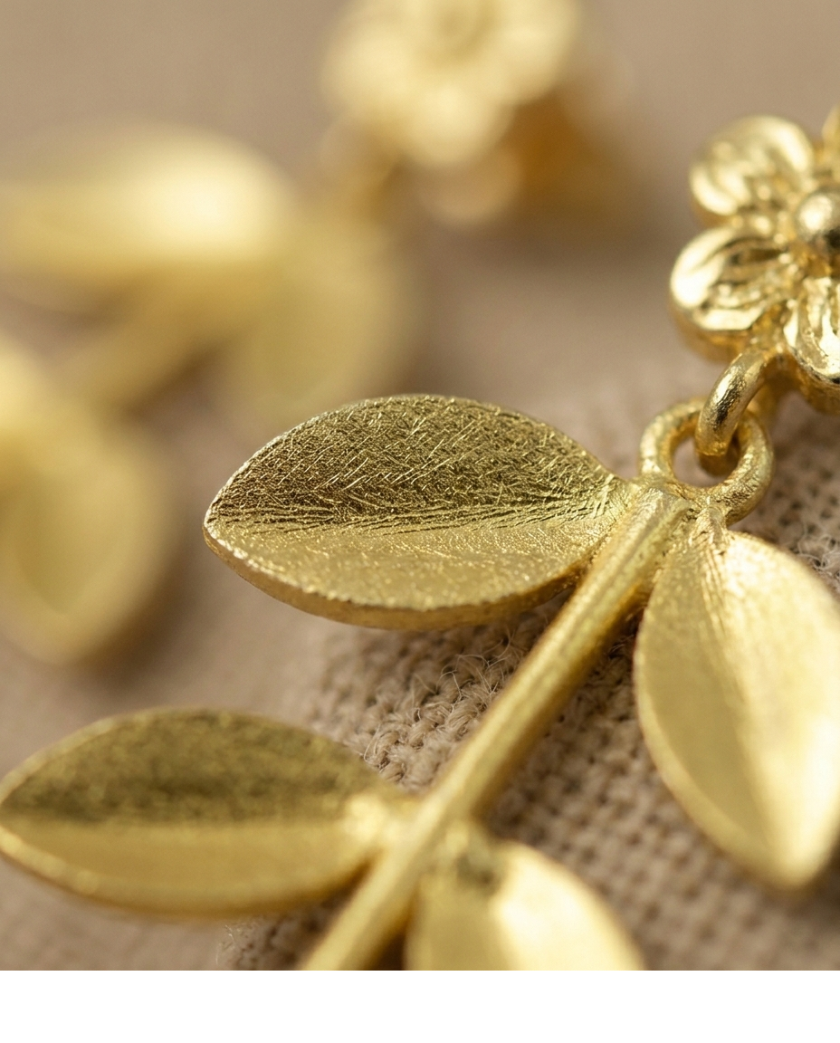 Gold Floral Leaf Branch Drop Earrings for Women