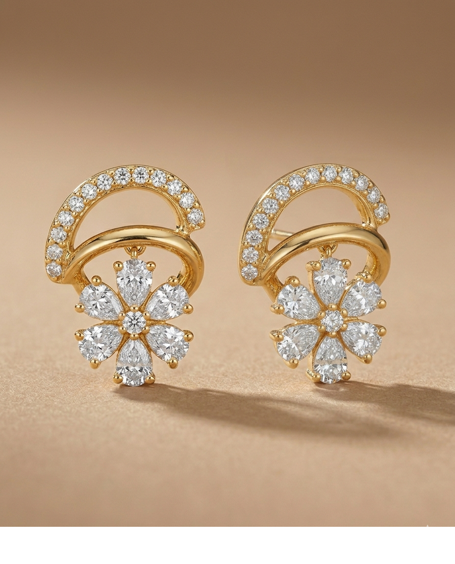 Crystal Flower Drop Earrings with Gold Pavé Hoop for Women