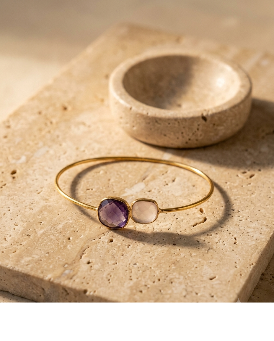 Purple & Pink Stone Gold Open Cuff Bangle for Women
