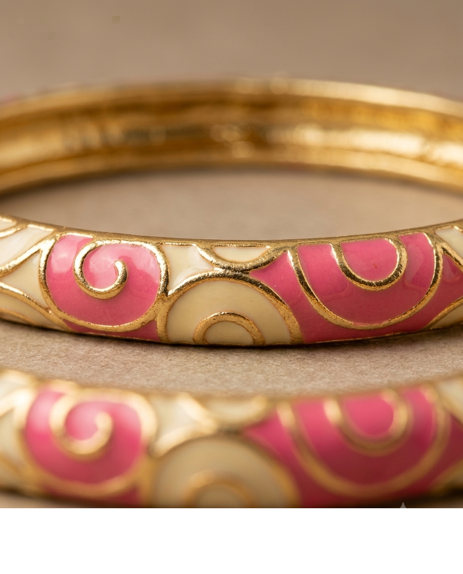 Gold-Tone Pink Enamel Floral Designer Bangle for Women