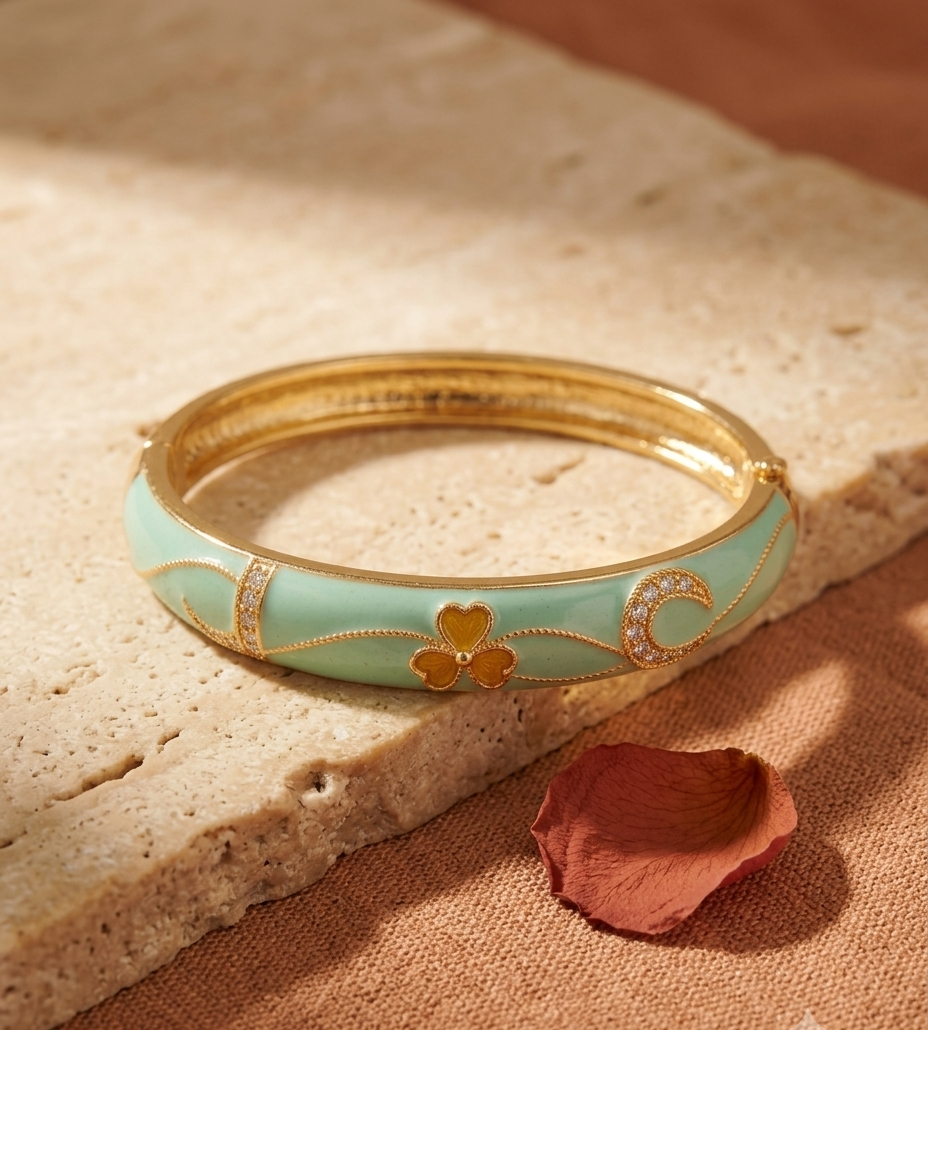 Gold-Tone Turquoise Enamel Floral Designer Bangle for Women