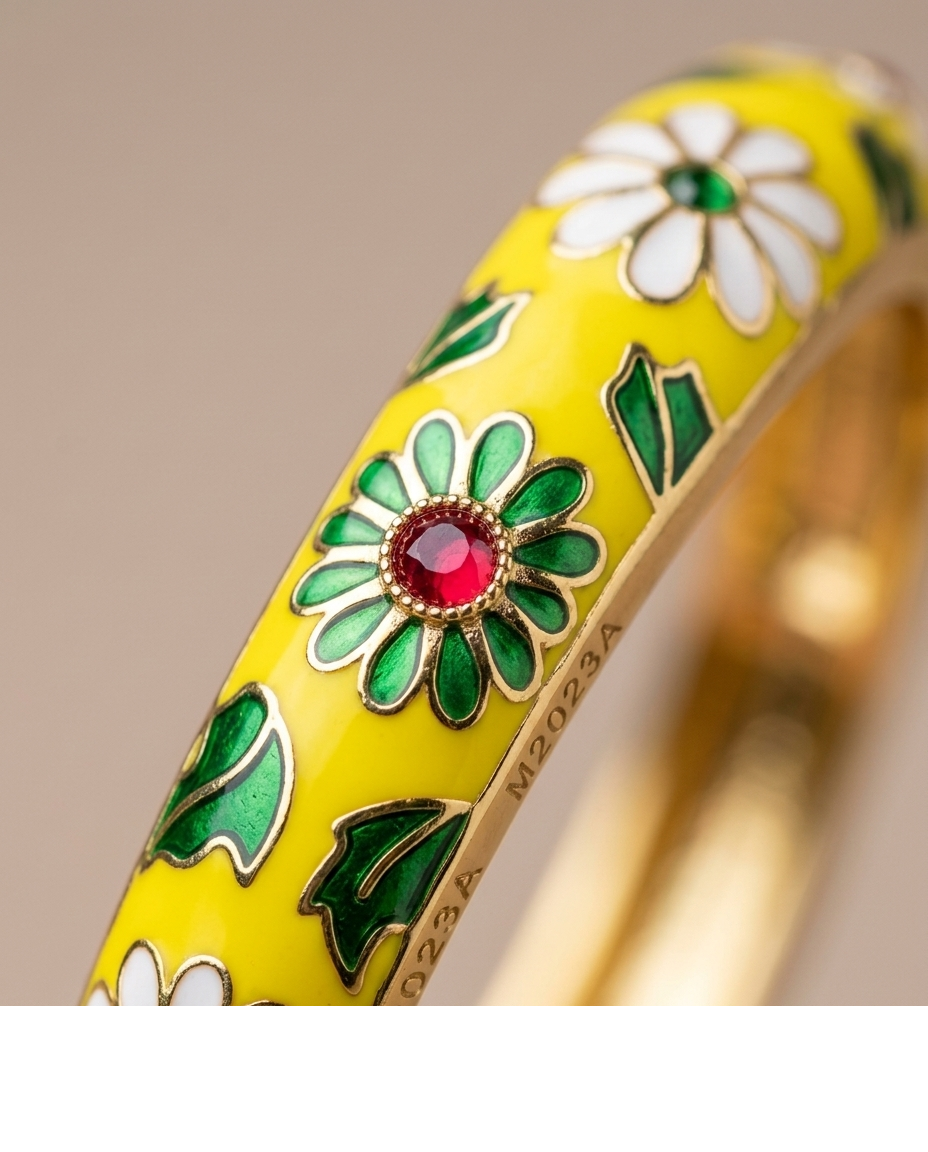 Gold-Tone Yellow Floral Enamel Designer Bangle for Women