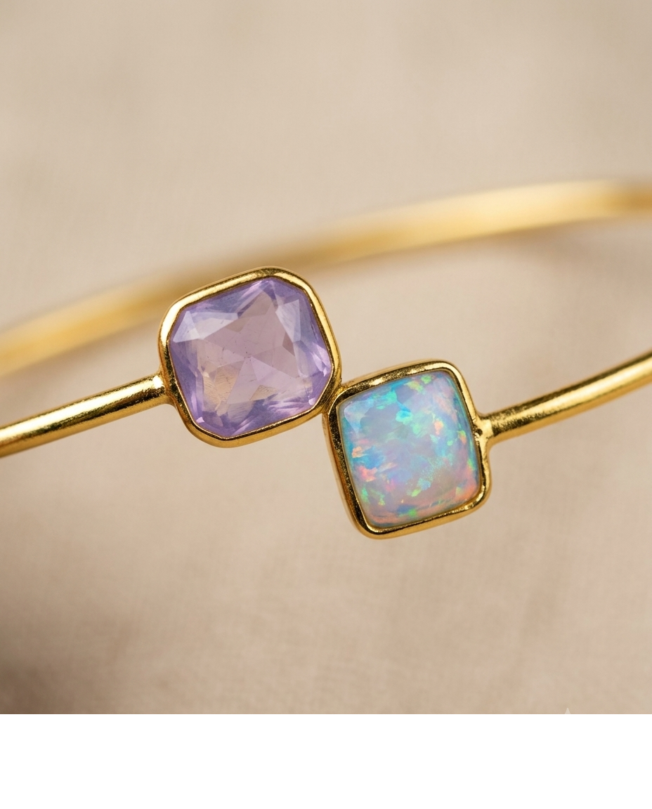 Pastel Pink & Blue Stone Gold Open Cuff Bangle for Women