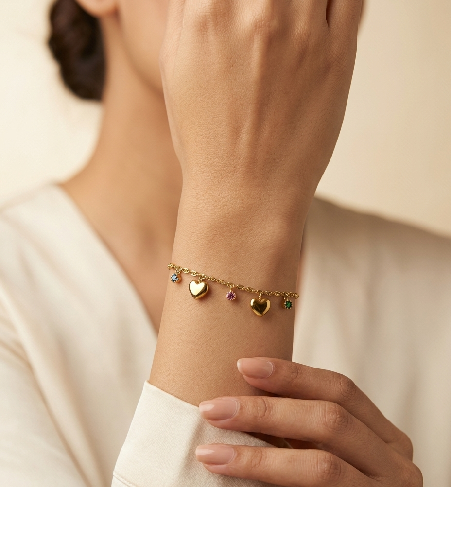 Gold Heart Charm Crystal Bracelet