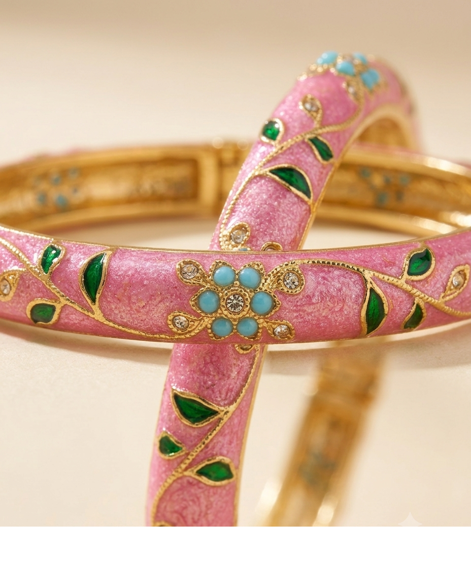 Gold-Tone Pink Floral Enamel Designer Bangle for Women