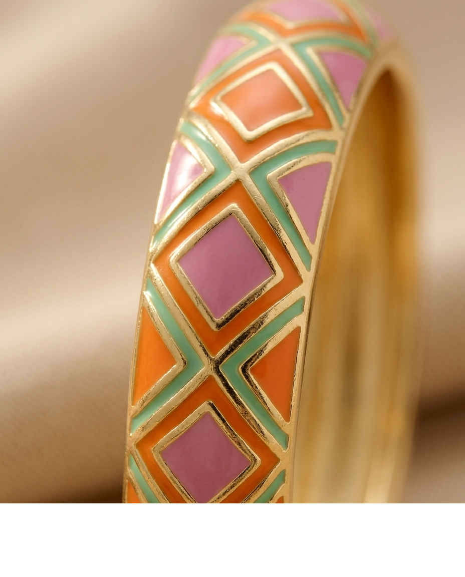 Green & Orange Geometric Enamel Gold-Tone Bangle for Women