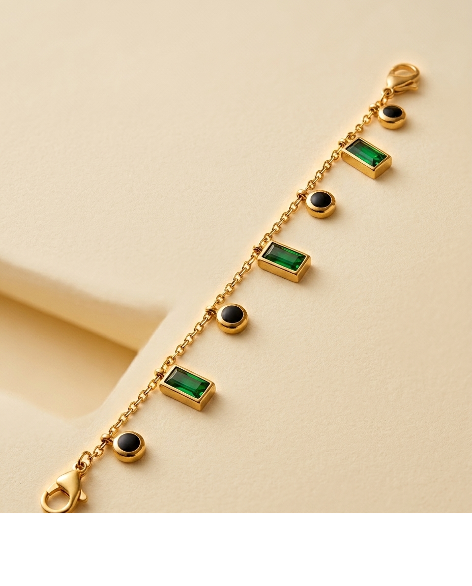 Gold-Tone Green & Black Stone Charm Bracelet for Women
