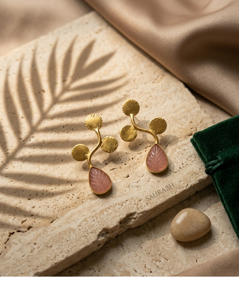 Pink Leaf Stone Gold Branch Drop Earrings for Women