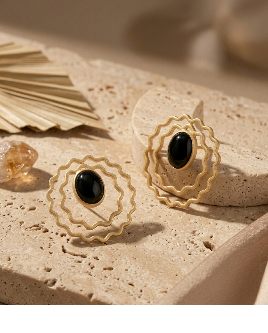 Black Onyx Wavy Circle Statement Earrings for Women
