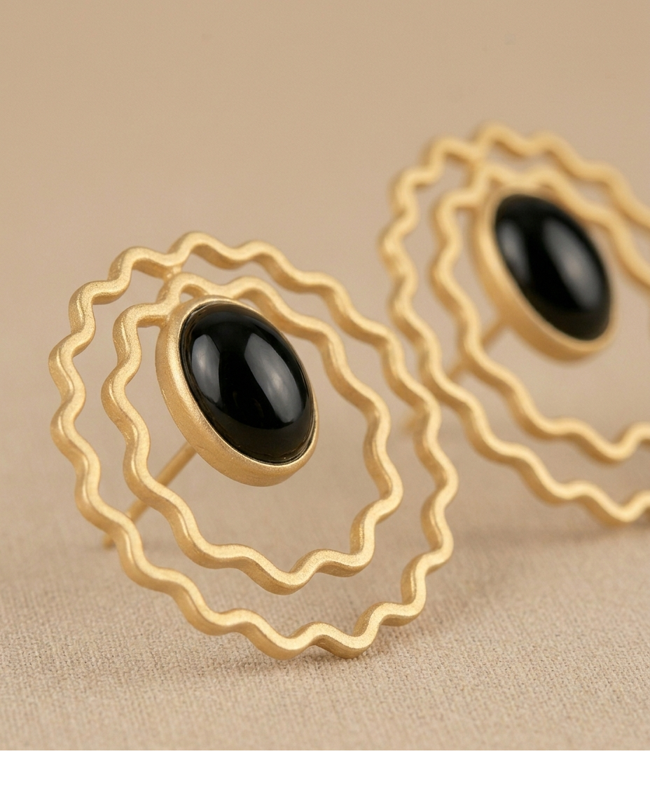 Black Onyx Wavy Circle Statement Earrings for Women