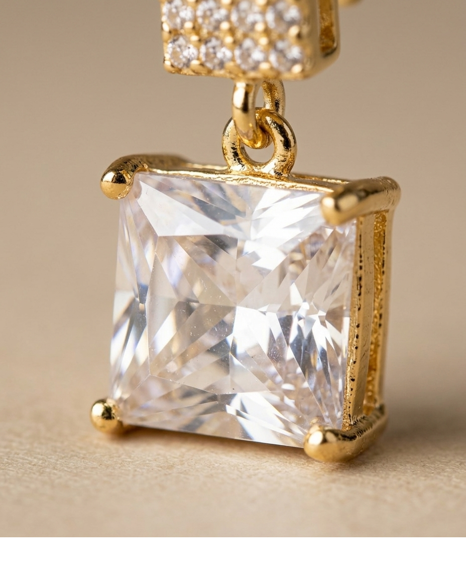 Celestia Princess Cut CZ Gold Plated Drop Earrings for Women