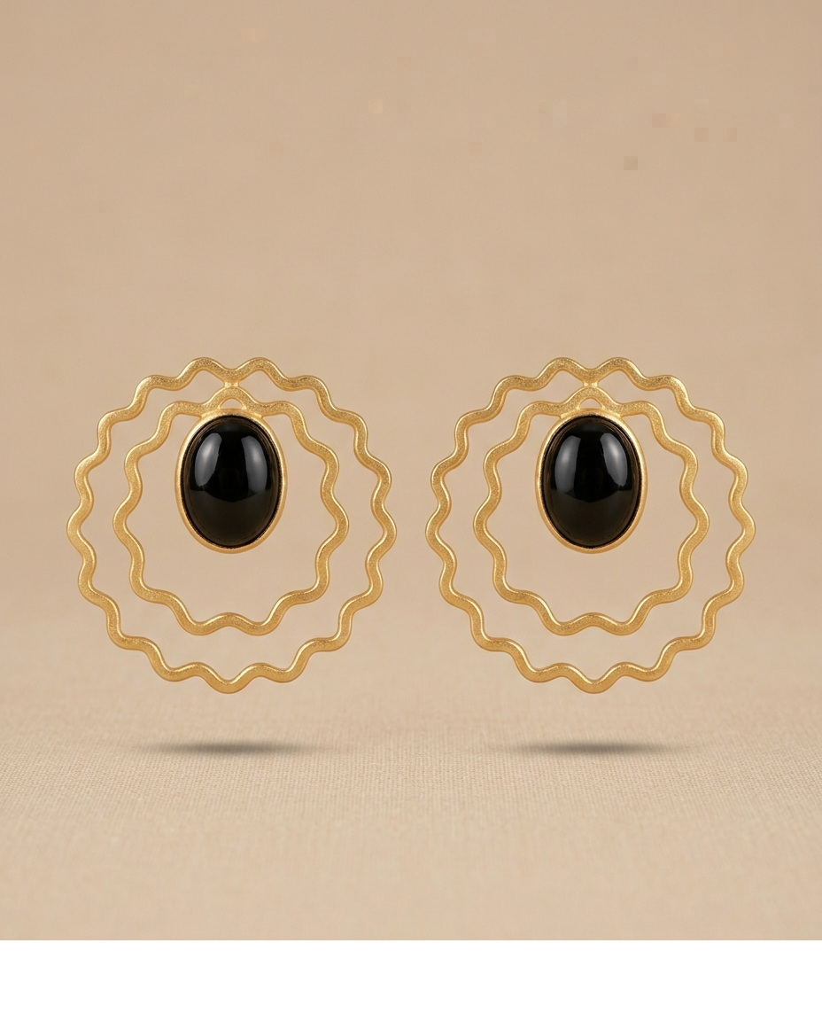 Black Onyx Wavy Circle Statement Earrings for Women