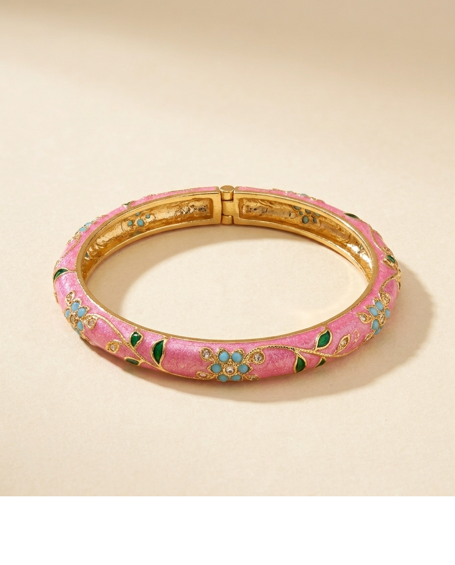 Gold-Tone Pink Floral Enamel Designer Bangle for Women