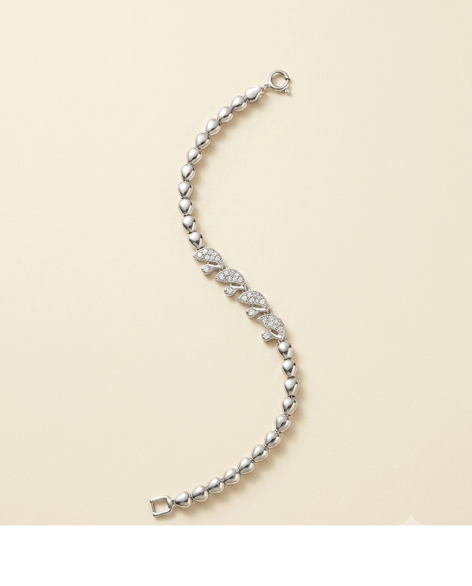 Silver-Tone Beaded Bracelet with Crystal Leaf Design for Women